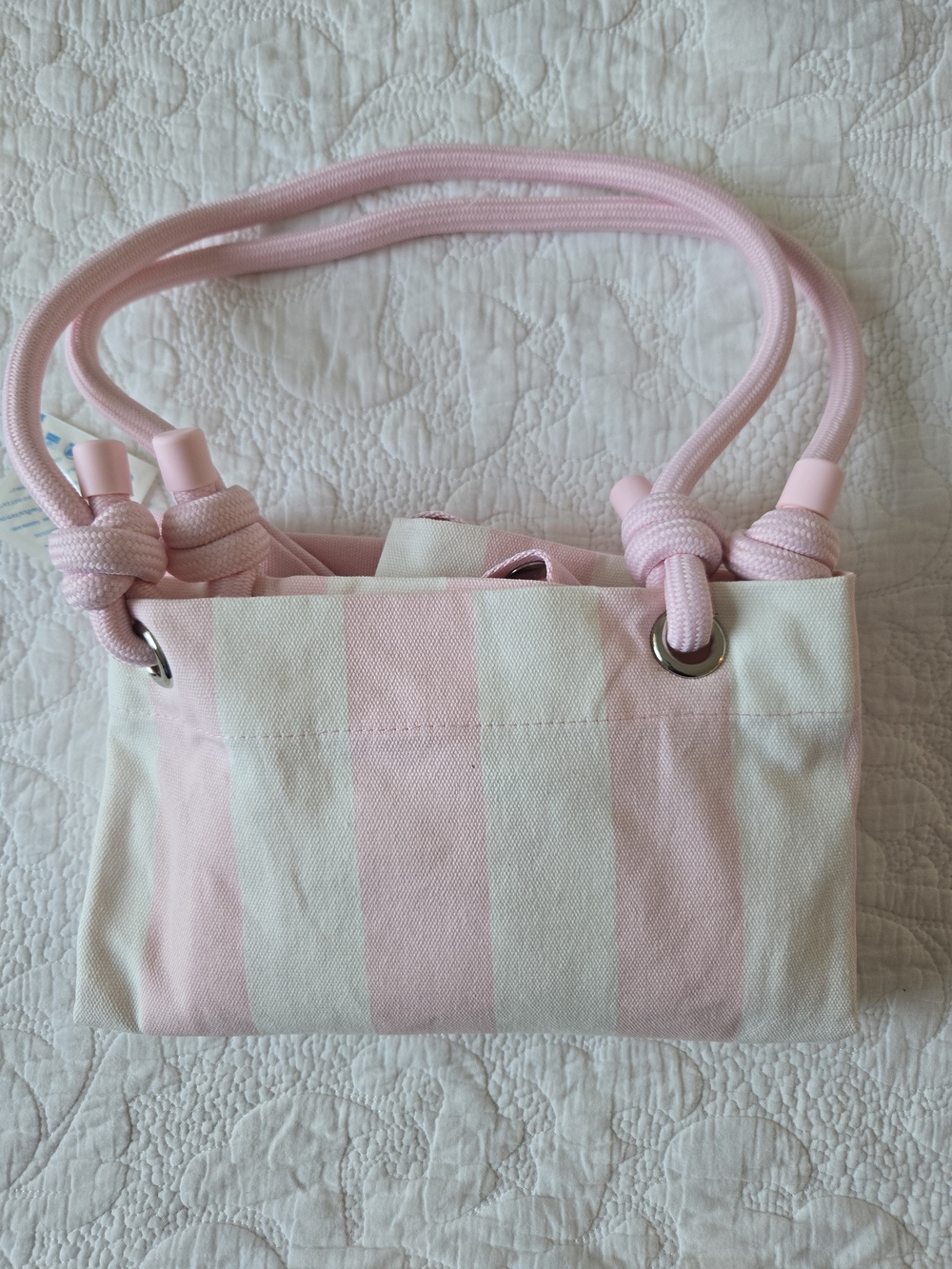 Victoria's Secret Pink and Cream Striped Canvas Tote with Rope Handles